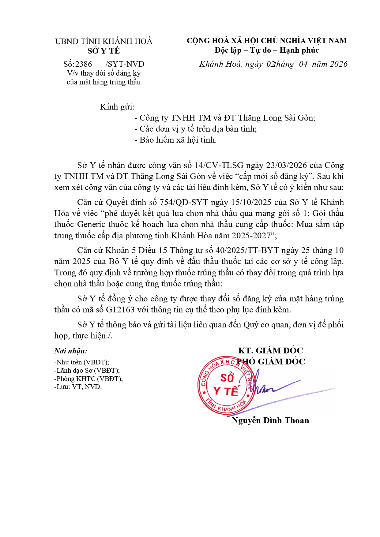 V/v thay đổi số đăng ký của mặt hàng trúng thầu